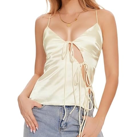 Front Tie Up Hollow Out Tank Tops for Women Y2K Going Out Backless Cami Tops Satin Spaghetti Strap Summer Tops Apricot Cover