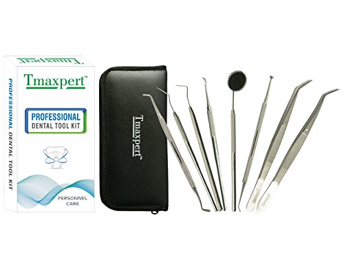 Dental Hygiene Tools Kit Stainless Steel Tarter Scraper Scaling Instrument, Mouth Mirror,Tweezers Dental Pick Sickle Scaler Burnisher and Carry Case | Tmaxpert
