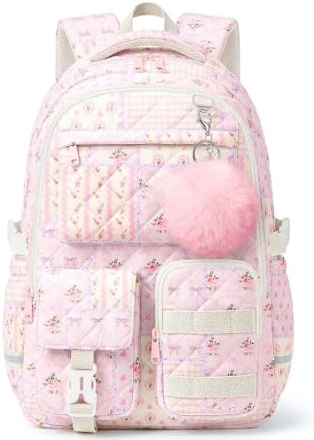 shiprabags Quilted Backpack for Teen Girls,Cute Purple Patchwork School Backpack with Multi-Pocket Design,Lightweight Cotton Bookbag Fit 15.6" Laptop,Large Capacity Aesthetic Backpack with Plush Charm - 1