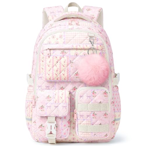 shiprabags Quilted Backpack for Teen Girls,Cute Purple Patchwork School Backpack with Multi-Pocket Design,Lightweight Cotton Bookbag Fit 15.6" Laptop,Large Capacity Aesthetic Backpack with Plush Charm