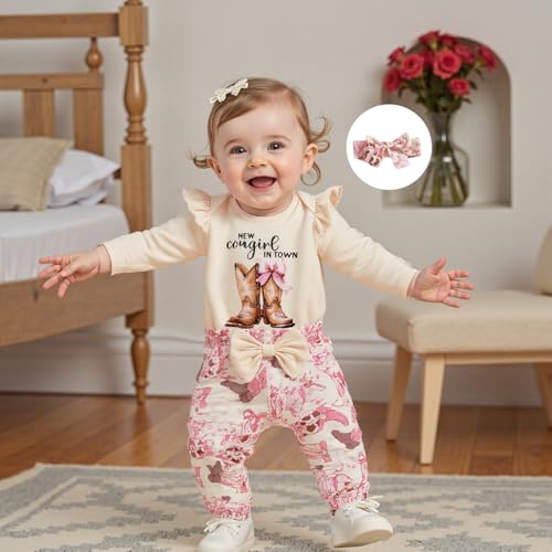 Newborn Baby Girls Fall Outfit Western Cowgirl Long Sleeve Bubble Romper Horse/Boots Print Pants 3Pcs Clothes Set2