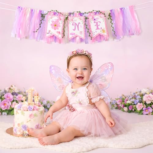 Image of Kriyokiaa Fairy First Birthday High Chair Banner One High Chair Banner Girl Photo Backdrop Fairy First Birthday Decorations for Girl Wall Hanging Decorations for Kids Bedroom