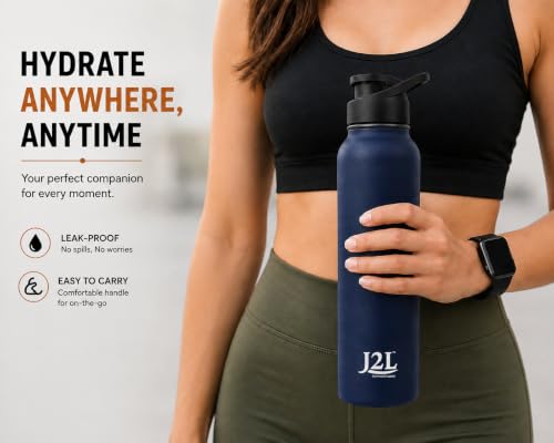 Image of J2L Stainless Steel Water Bottle 1 Litre | 1000 ML Steel Water Bottle | Leakproof Water Bottle for Adults, Office, School & Gym | Durable Reusable Water Bottle | Steel Water Bottle Navy Blue