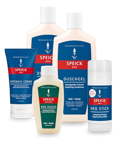 SPEICK Männer Pflege Set Duschgel 2x250 ml + Deo Stick 40 ml + Intensiv Creme 50 ml + Mini Deo Dusch natürliche Körperpflege für Männer für normale & sensible Haut