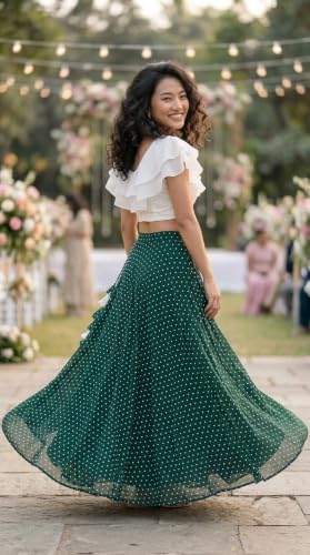 Image of Women's Lycra Top with Georgette Skirt | Polka Dot Print Long Flared Maxi | Full Length Flowy Skirt for Women | Stylish Casual Wear