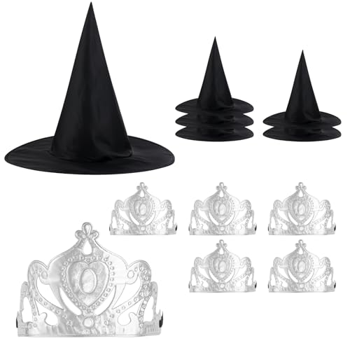 10pcs Princess Crowns and Witch Hats Set, Include 5pcs Silver Princess Crowns with Elastic Band and 5pcs Wired Black Witch Hats for Halloween Party Dress-Up Night Costume Accessory