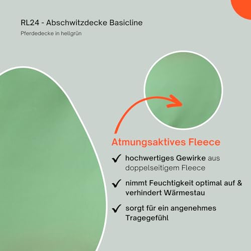 Foto von RL24 - Abschwitzdecke Basicline – Pferdedecke mit Schweifkordel, Widerristpolster & Metallverschluss – atmungsaktive Fleecedecke – Pferde Zubehör – Transportdecke in Hellgrün – 135cm