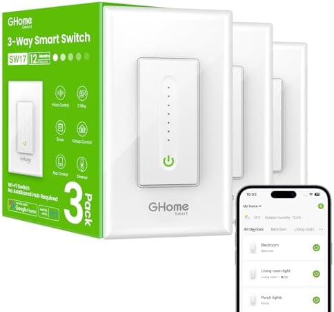 GHome Smart 3 Way Dimmer Smart Switch Can Work Separately Or Work with Traditional 3-Way Switch, Compatible with Alexa, Google Assistant, Neutral Wire Required, 2.4GHz WiFi Only, FCC Certified, 3 Pack