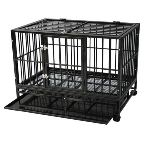 Gr8 Home Heavy Duty Strong Metal Kennel Cage with Wheels and Crate Tray Portable Moveable Playpen for Pet Dog Medium Black 92L x 62W x 75H cm