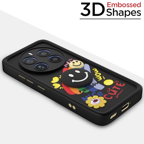 Image of Pikkme Back Cover for Realme 12 Pro 5G / Realme 12 Pro Plus 5G | Soft Silicone| Cute Rainbow Smile & 3D Cartoon Flower Design | Shockproof Raised Camera Protection Bumper Case (Black)
