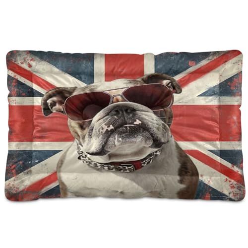 Jihqo Dog Bed Mat Sunglasses Bulldog British Flag Small Dogs Crate Pad Washable Non-Slip Soft Pet Sleeping Mattress 24