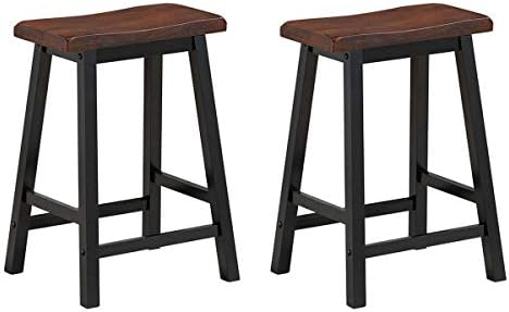 COSTWAY Saddle Stools Set of 2, 24-inch Height Vintage Counter Height Chairs with Solid Wood Legs, Modern Backless Design Indoor Bar Stools for Kitchen, Dining, Pub and Bistro, Brown