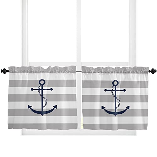 Kitchen Tier Curtains 24 Inches Long, Gray Nautical Anchor Geometric Stripes Pattern Window Curtains For Living Room Bath Cafe,Rod Pocket Light Filter Drapes Short Half Window Treatment Tiers 2 Panels #TOP1
