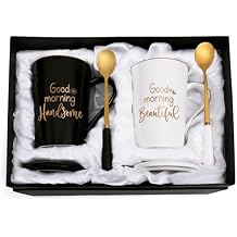 YHRJWN Christmas Couple Gifts, Good Morning Beautiful Handsome Coffee Mugs, His and Hers Gifts, Couple Coffee Mugs Set of 2, Christmas Valentines Day Gift for Couples, Valentines Coffee Mugs, 14 Oz