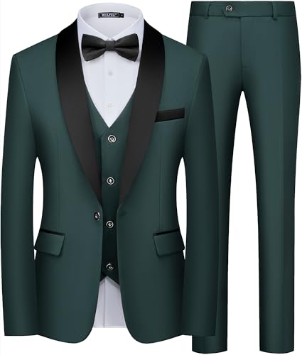 WULFUL Men's 3 Piece Suits Slim Fit Tuxedo Suit Set One Button Shawl Lapel Blazer Jacket Vest Pants Set for Prom, Business Dark Green