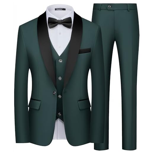 WULFUL Conjunto masculino de 3 peças, conjunto de terno de smoking slim fit, um botão, xale, lapela, blazer jaqueta, colete e calça para formatura, negócios, Verde escuro, PP