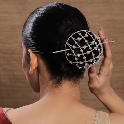 Image of Hair Bun Cage Accessory for Women | Handcrafted Brass Juda Cover with Stick | Anti-Tarnish Traditional Hair Accessory for Wedding & Festive (Pear Flower Hair Bun (Silver))