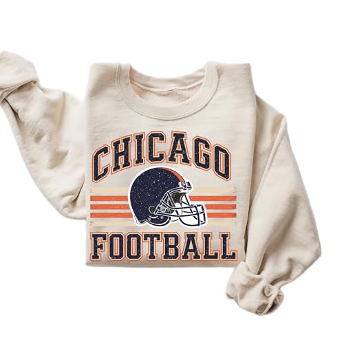 DAYLEA Distressed Chicago Football Sweatshirt Vintage Helmet Graphic Pullover | Retro Collegiate Crewneck for Cozy Game Day Style (Sand Medium)
