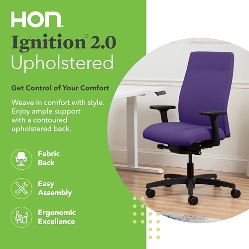 Image of HON Ignition 2.0 Ergonomic Office Chair with Adjustable Arms, Advanced Synchro‑Tilt Recline, Upholstered Desk and Computer Chair for Home Office or Workstation, Black Frame, Iris