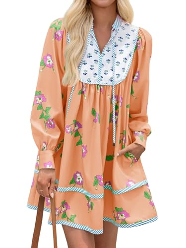 Image of Wenrine Womens Casual Floral Mini Dress Fall Long Sleeve V Neck Patchwork Loose Boho Shirt Dresses