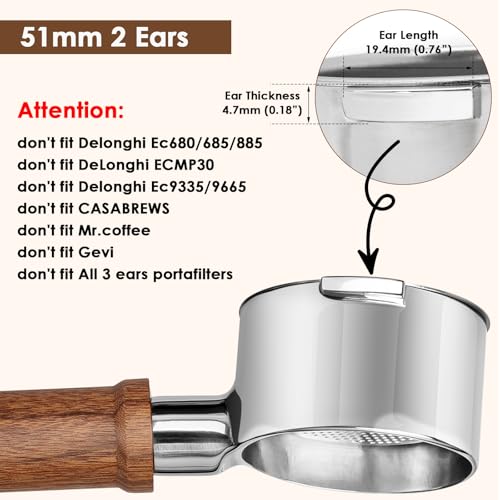 Image of 51MM Bottomless Portafilter 2 Ears-Fits Delonghi ECP3420 /EC155 /BCO430 /EC260 with Puck Screen & 100% Stainless Steel Filter Basket,Walnut Handle