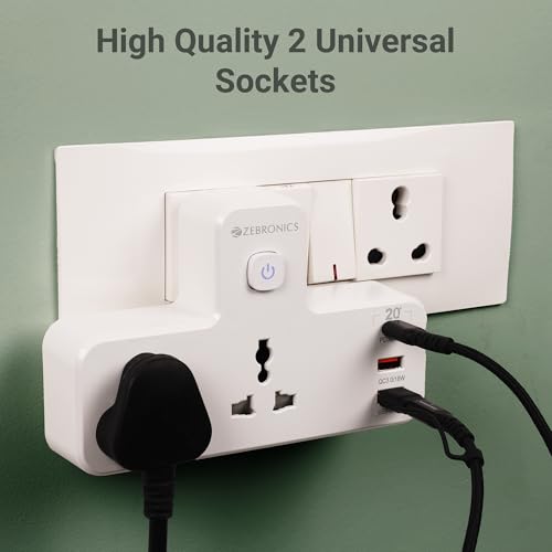 Image of ZEBRONICS Power Plug 23, Multi Plug Extension Board /Strip, 2500 Watts, 10 Amps, QC 3.0 18W, 1x Type C PD Port (20W), 2X Universal Socket, 2X USB Port, Night Lamp, LED Indicator, On /Off Switch