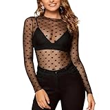 Mesh Oberteil Damen Sexy Oberteil Glitzer Netzoberteil Transparent Bluse Langarm Durchsichtiges Spitzentop Sheer Mesh Bluse für Party Club Festival, Flecken