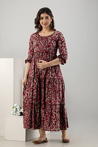 Image of Women's Cotton Anarkali Comfortable Maternity Feeding Kurta Dress with Zippers