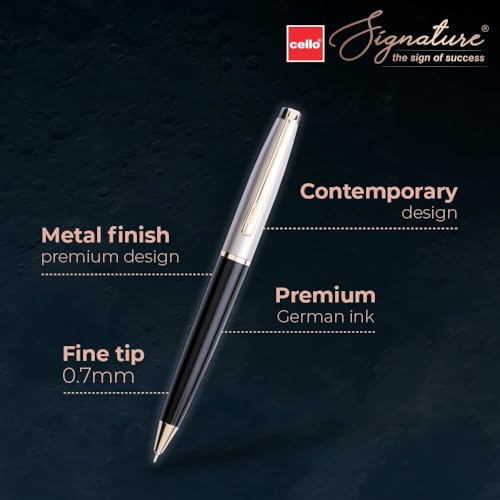 Cello Signature Moonlit Ball Pen|Blue Ink|1 Ball Pen|White Gold, Gold and Black Finish|Premium Metal Pens for Office Use|Stylish Gifts for Christmas and New Year|Gifts for Men and Women