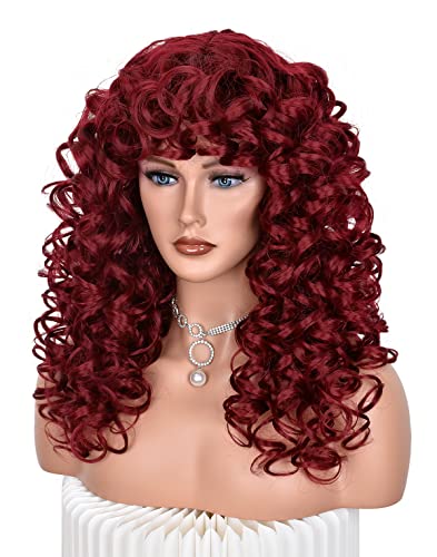 Annivia-X Long Curly Wigs With Bangs For Women Burgundy Kinky Wigs Big Afro Loose Cute Curly Natural Looking Long Vintage Synthetic Wig For Daily Use Party Cosplay（Burgundy 17 Inch） #TOP2