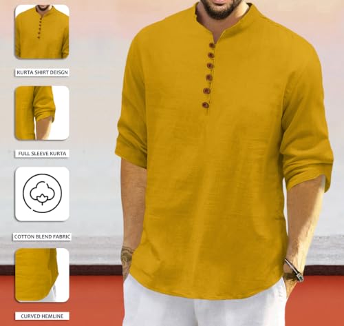 Image of FINIVO FASHION Men's Solid Cotton Blend Regular Fit Straight Kurta with Roll of Sleeve and Classic Collar, Pack of 1