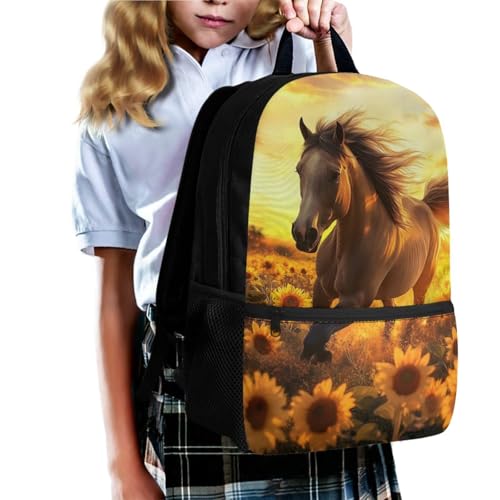 Horse School Backpack for Men with Water Bottle Pocket Sunflower Bookbag for Girls Large Capacity School Bag with Lunch Box Pencil Case and Key Ring 4 in 1 Set Back to School Gifts for Kids2