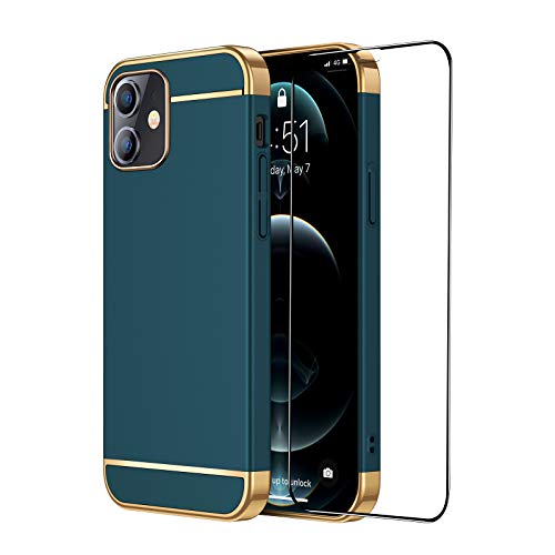CROSYMX Slim Fit Compatible with iPhone 12 Mini Case with [1 x Screen Protector], Ultra Thin Hard Plastic Protective Cover Shockproof Drop Protection 5G Case(5.4 inch) 2020 - Dark Green