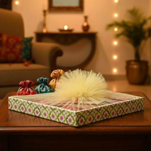 Image of SATYAM KRAFT 6 Pcs Multipurpose Decorative Folding Gift Box, Gift hampers | Paper Gift Hamper Boxes for christmas wedding Return Gifts, Sweets, DIY Craft | Rectangular Cardboard Tray with Net (Green)