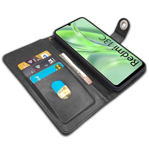 Image of Pikkme Redmi 13C 4G | Poco C65 Flip Cover Leather Finish | Inside TPU with Card Pockets | Wallet Stand and Shock Proof | Complete Protection Button Flip Case (Black)