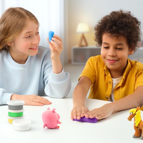 Image of HEY CLAY Modelling Air-Dry Clay with Fun Interactive App - Modeling Clay and Crafts Set for Kids Ages 3 to 8 - Series Animals & Rainbow Unicorns, 3 cans (Animals: Cow)