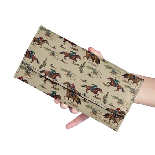 Image of AFPANQZ Horse Cactus Print Women's PU Leather Three Fold Wallet, Long Trifold Clutch Purse, Credit Card Money Organizer with ID Window