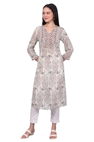 Kurta droite en pur coton écru à broderie cachemire noble M