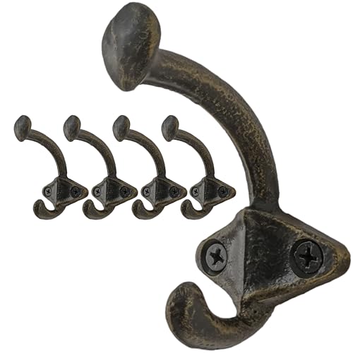 Image of SKOLOO Gold Cast Iron Wall Hooks - Farmhouse Style, Pack of 5, Dual-Direction Hanging Design - Ideal for Coat, Backpack, Towel - Perfect for Entryway, Mud Room, Bathroom Dry Area