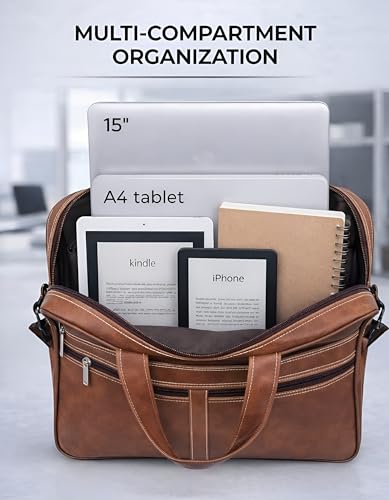 Image of Vegan Leather Laptop Messenger Bag for Men & Women, 15.6 Inch Office Shoulder Bag with 6 Pockets, Adjustable Strap, PU Leather Business Laptop Bag for Work, Travel & College, Rust Color
