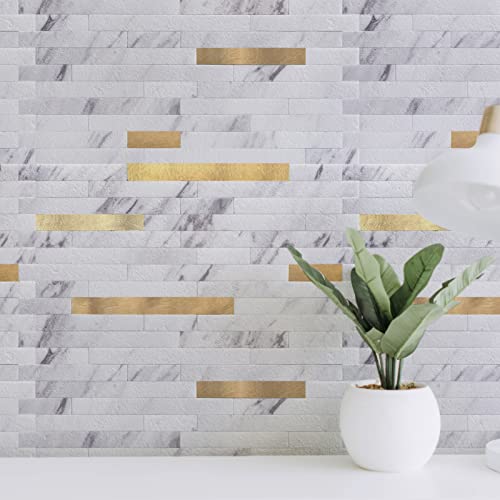Image of Art3d Faux Stone Peel & Stick Backsplash Tile, 10pcs, White with Metal Gold