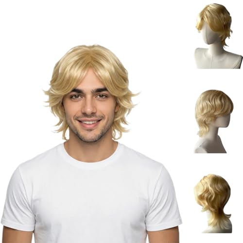 ZMIYIAC Blonde Mullet Wig for Men Mens Curly Wig 70s 80s Wigs for Men Wigs Fancy Dress Pop Rock Hippie for Adult Carnival Halloween Party Daily Use (Blonde)