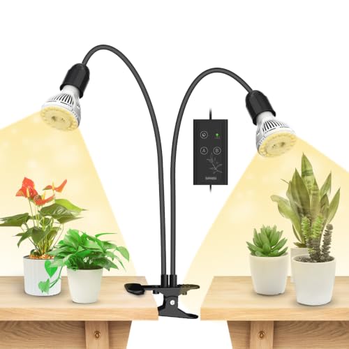 SANSI Lámpara de Cultivo Plantas 20W Espectro Completo, Negro, Con Timer | 300W eq., 2 cabezales, para plantas de interior,temporizador 4/8/12H, reemplazo gratuito de bombillas E27 de por vida