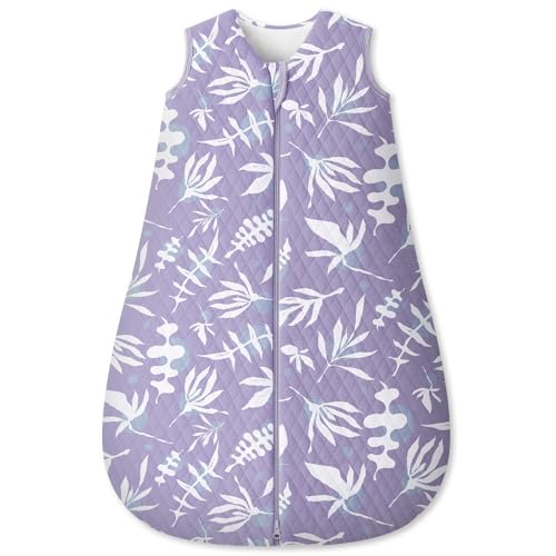 Image of Baby Sleep Sack 6-12 Months 1.5 Tog Baby Wearable Blanket 100% Cotton Fabric Warm Sleeping sack with 2-Way Zipper Quilted for Infant Newborn Tog Purple Leaves