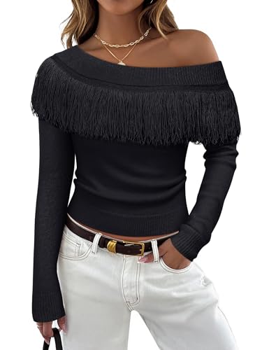 Western Cowgirl Off Shoulder Fringe Country Concert Sweater Cold Shoulder Tassel Long Sleeve Ribbed Hem Pullover Tops2