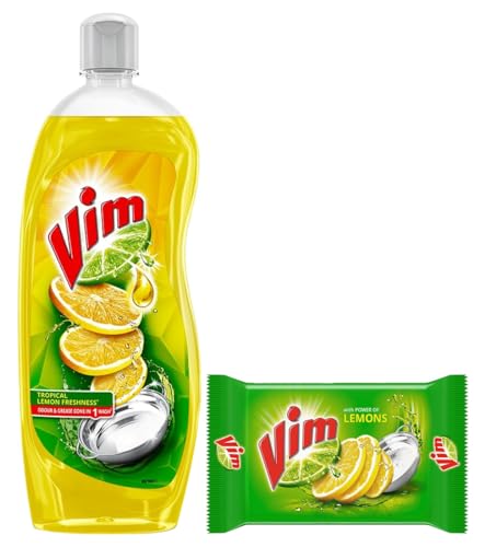 Image of Vim Dishwash Liquid Gel Lemon, With Lemon Fragrance, Leaves No Residue, Grease Cleaner For All Utensils, 750 ml Bottle & Vim Dishwash Bar Lemon, Removes Stain And Grease With Power Of Lemon, 300 g