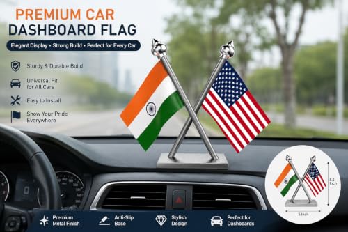 Image of The Flag Company India & USA Car Dashboard Flag 2x3 Inch Premium Flags with Stainless Steel Pole & Base | Compact Dual Display for Car Interiors & Desks