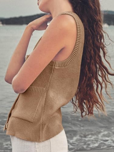 Image of Yousify Womens Sweater Vest Summer Ribbed Tank Tops Sleeveless Button Down Shirts Scoop Neck Top for Women