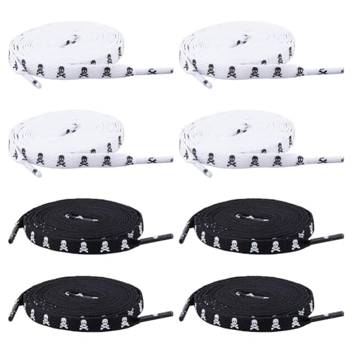 SUPERFINDINGS 4 Paar 2 Farben Flach Bedruckte Schnürsenkel Coole Ersatz Schnürsenkel Für Sportschuhe Polyester Mit Totenkopf Aufdruck Für Sportschuhe Stiefel Turnschuhe Rollschuhe Länge: 120cm