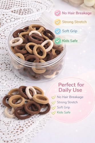 Image of Frescorr (100 pcs) Baby Hair Ties | Soft No-Damage Premium Elastic Mini Rubber Bands for girls | Strong Stretch Ponytail Holders | Daily Use Hair Accessories | (Brown Shades)